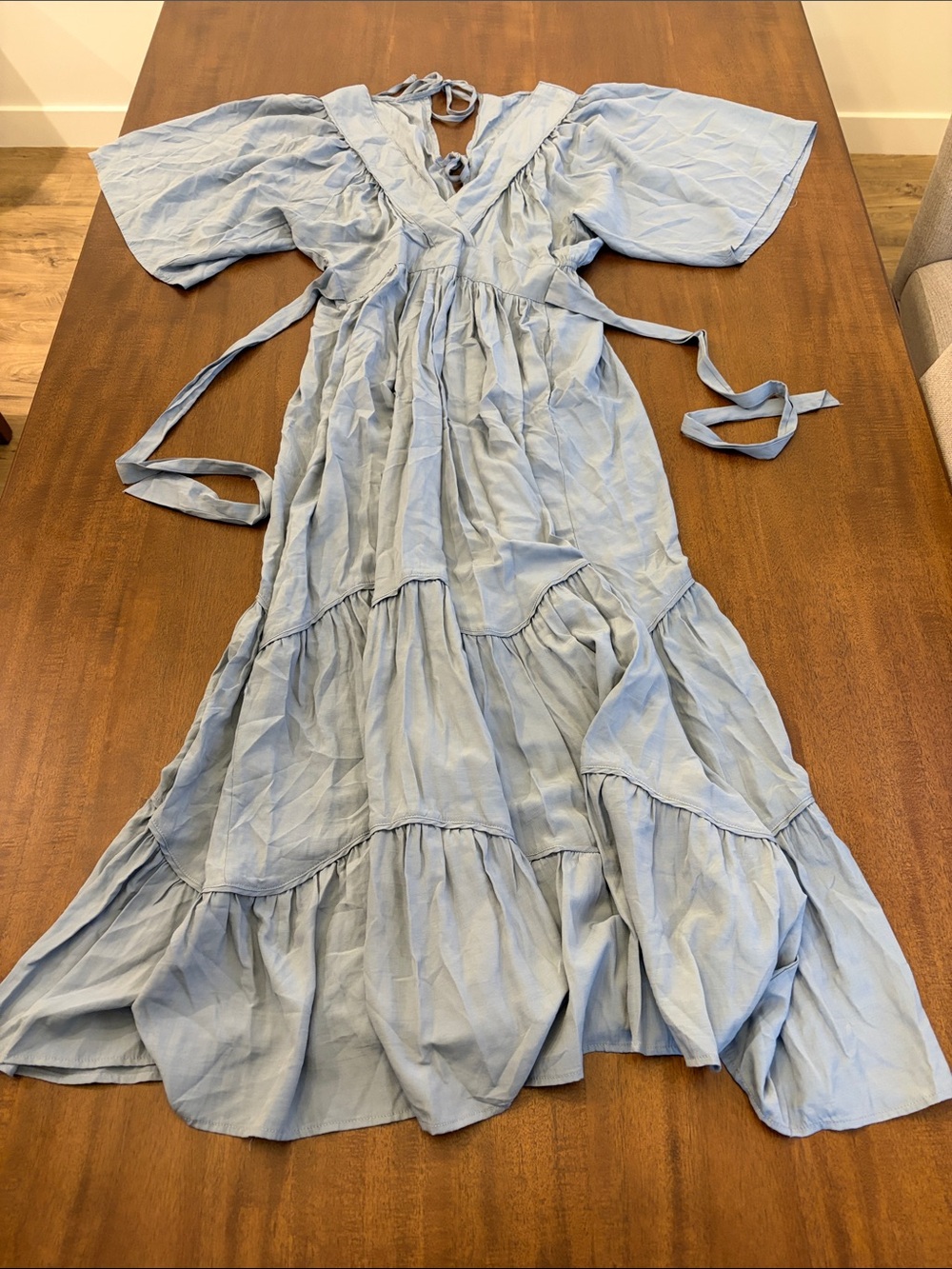 Women's Light Blue Tiered Maxi Dress with Tie Waist